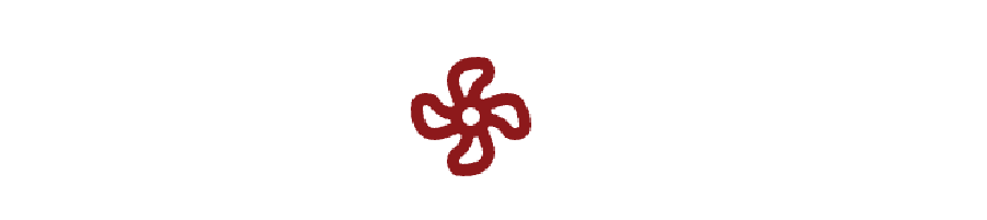 Red stylized flower icon on a white background.