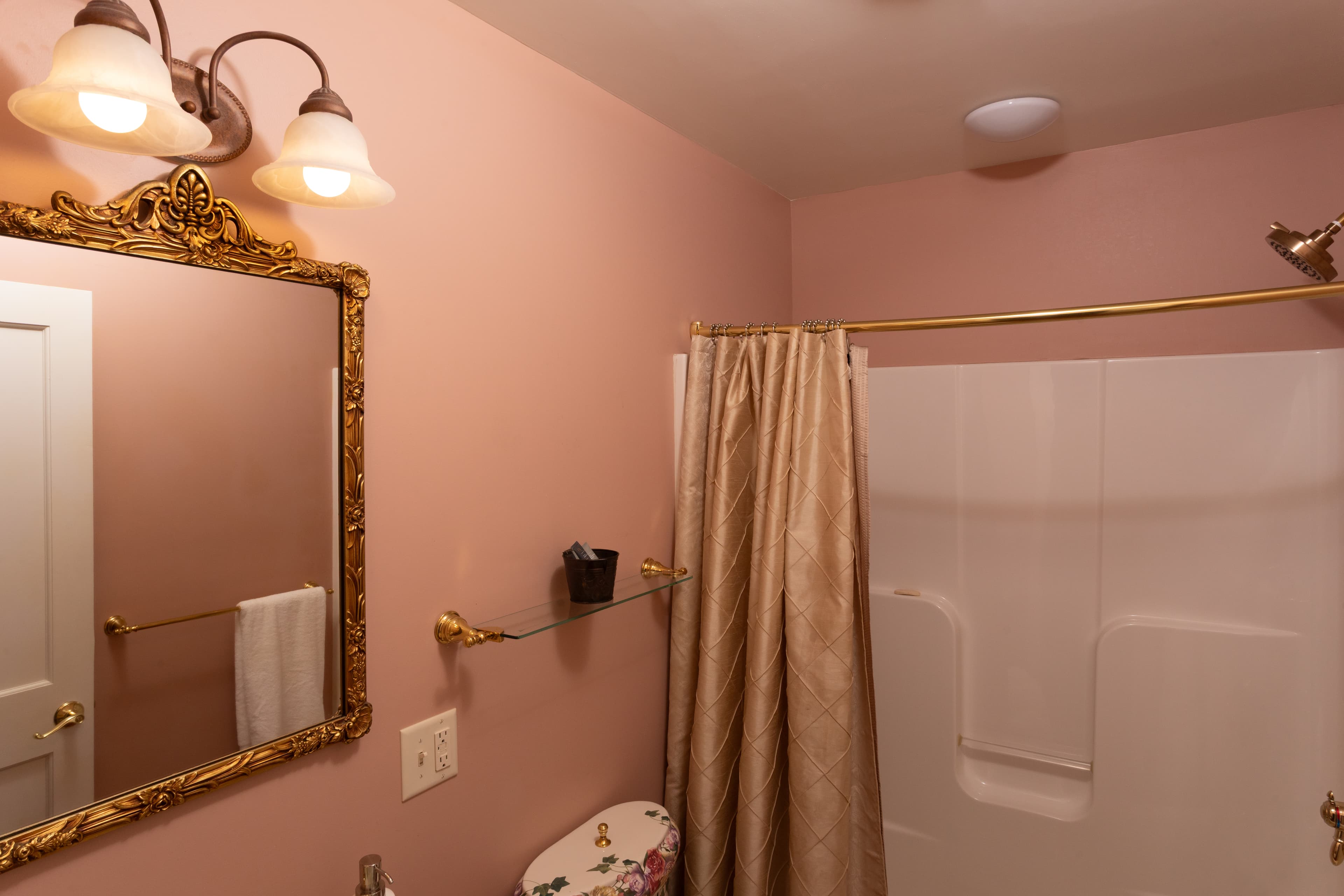 A well-lit bathroom featuring a gold-framed mirror, a shower curtain, and a floral-patterned toilet seat against a pink wall.