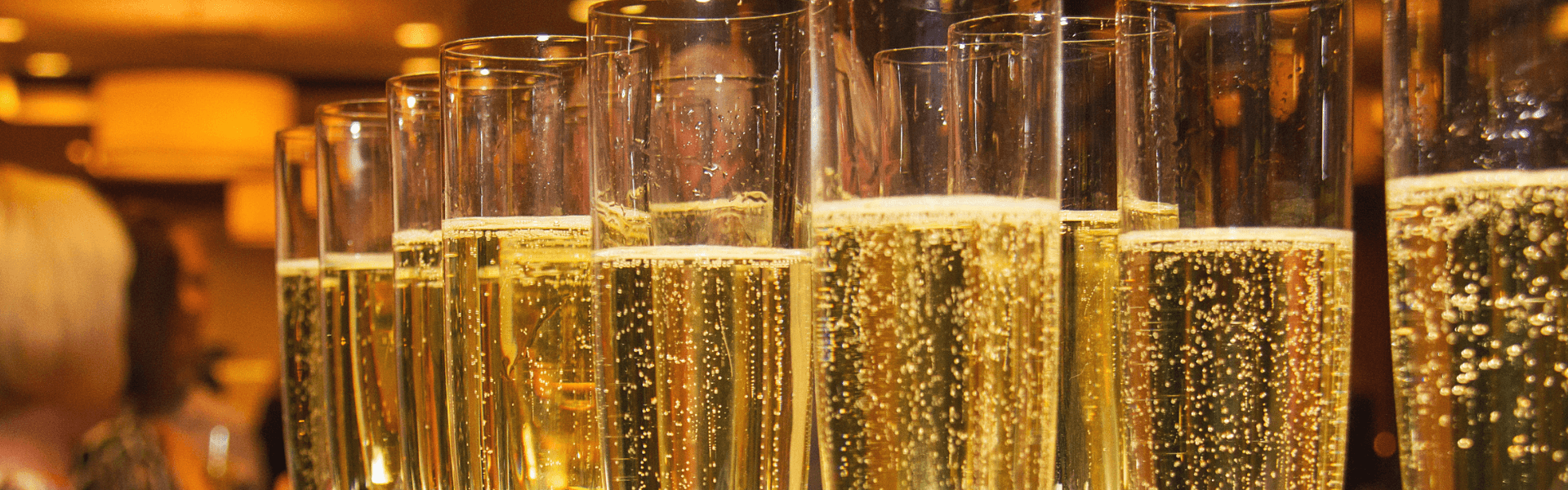 A row of sparkling champagne flutes filled with bubbly liquid.