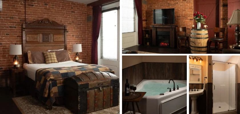 The Carriage House Suite offers brick walls, a whiskey barrel table, and a fireplace for a cozy Gettysburg Christmas.