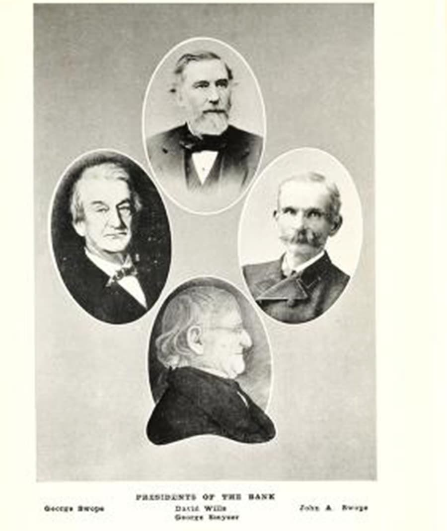 Four historical portraits of bank presidents, arranged in an oval layout.