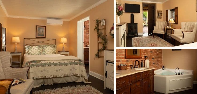 Collage of the Garden Chamber suite at Swope Manor with queen bed, comfortable sitting area, and elegant bathroom with oversized jetted tub.